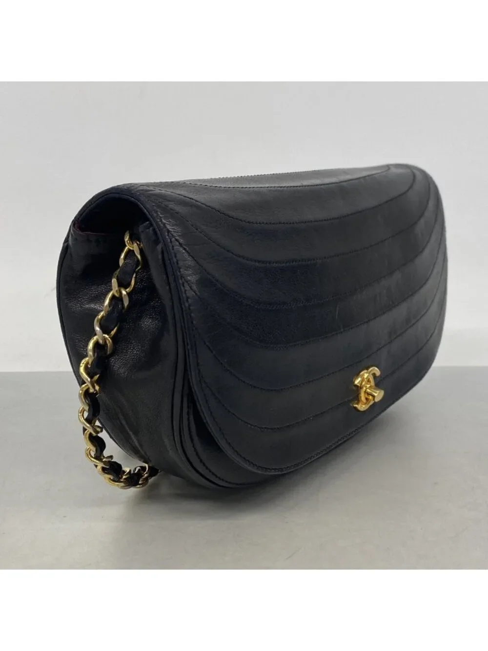 Chanel Shoulder Bag Half Moon Lambskin Black Gold
